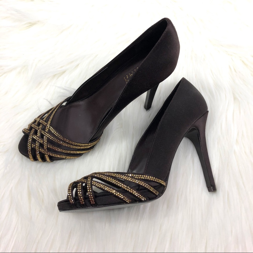 Ralph Lauren Black Satin Peep-Toe Heels with Gold Beaded Detail